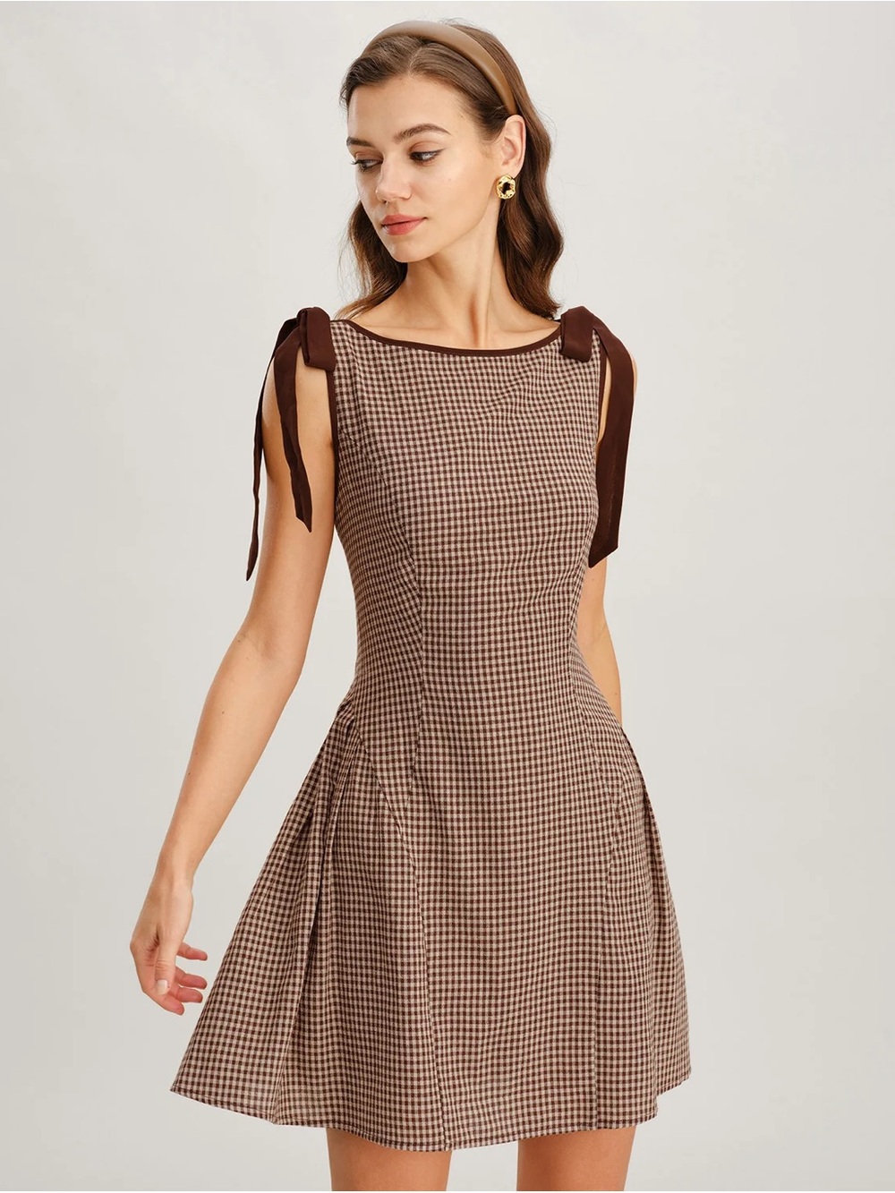 RIHOAS Brown Gingham Tie Strap Fit & Flare Cotton Mini Dress
